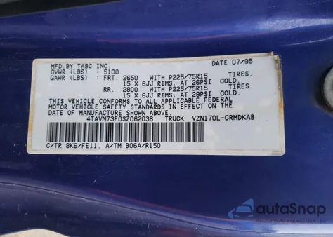 1995 Toyota Tacoma Xtracab z USA, uszkodzony, nr VIN 4TAVN73F0SZ062038